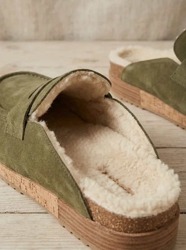 Women's Modern Faux Fur Lined Suede Wood Sole Loafers