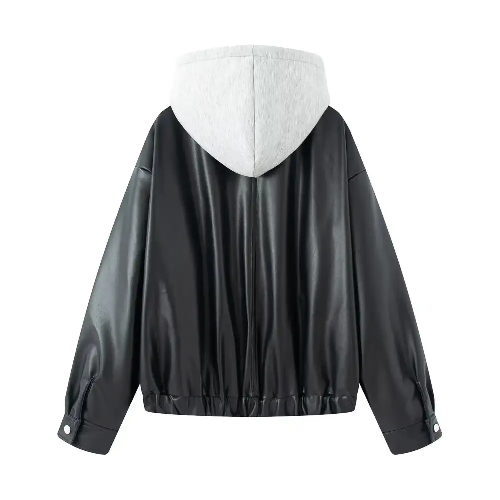 Oversized Faux Leather Hooded Zip Front Bomber Jacket