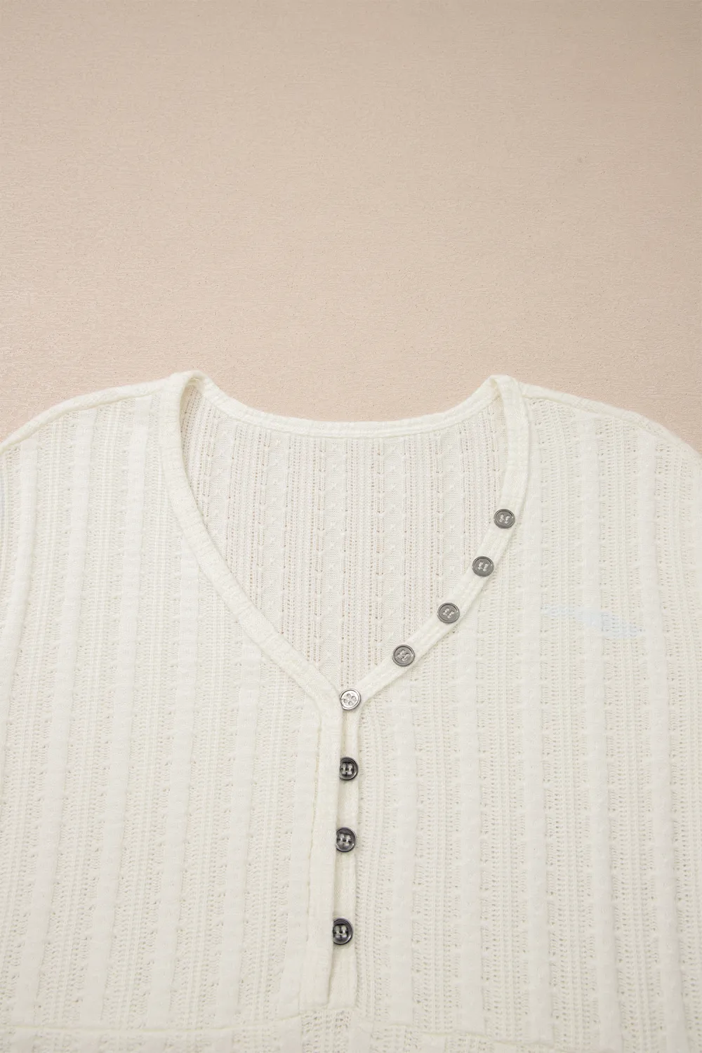 White Textured Button V Neck Tee