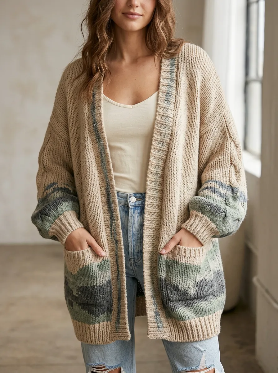 Women's Striped Colorblock Open Front Cardigan
