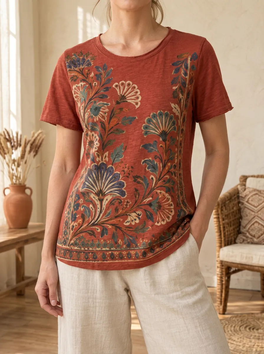 Women's Boho Floral Pattern Garden Crew Neck T-Shirt