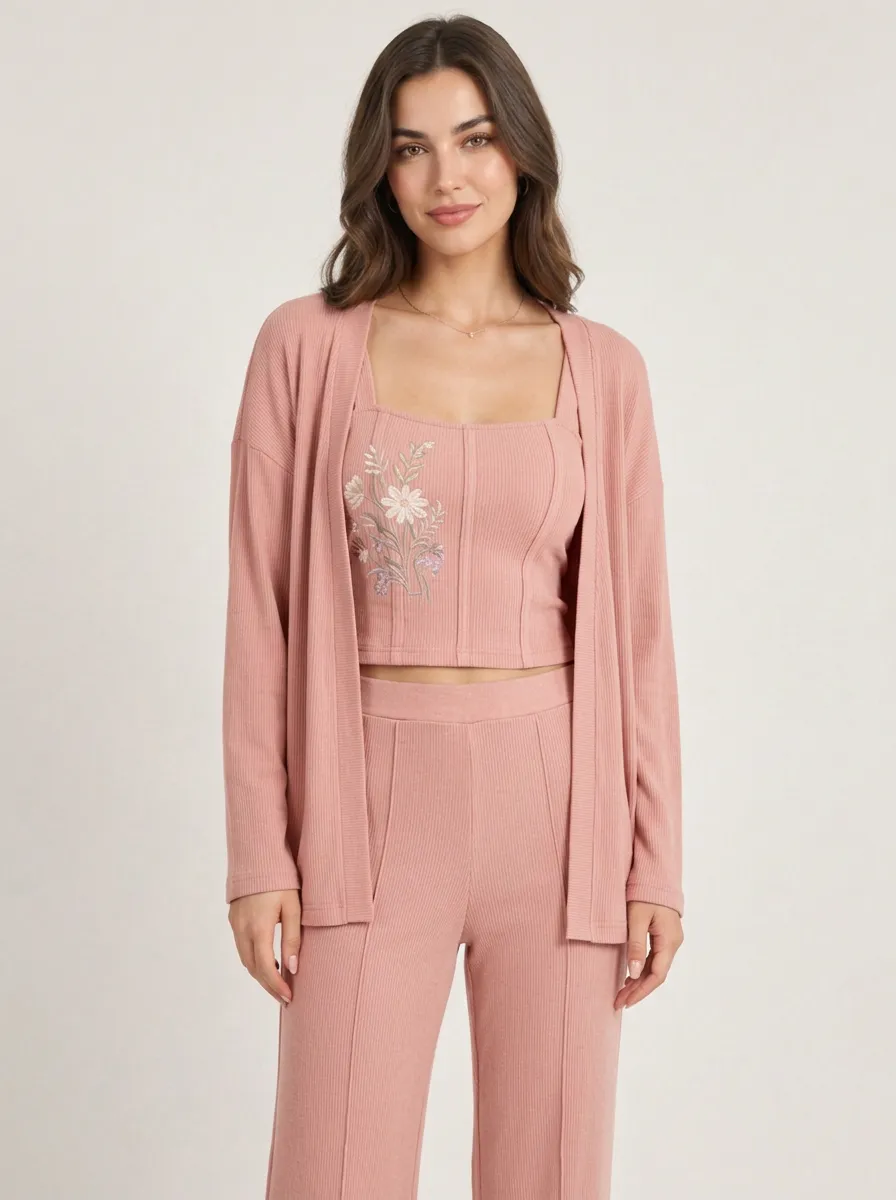 Women's Sage Green Floral Embroidered Ribbed Three-Piece Set
