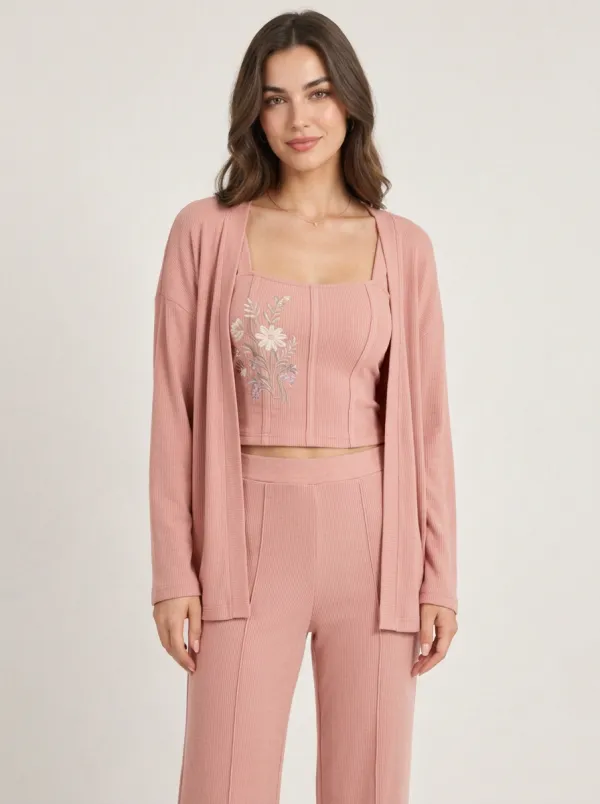 Women's Sage Green Floral Embroidered Ribbed Three-Piece Set