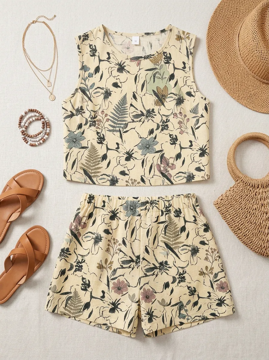Women's Botanical Floral Fern Printed Sleeveless Short Set