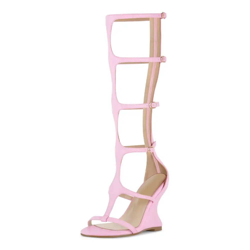 Round Toe Multi Buckles T-Strap Wedge Heel Sandals