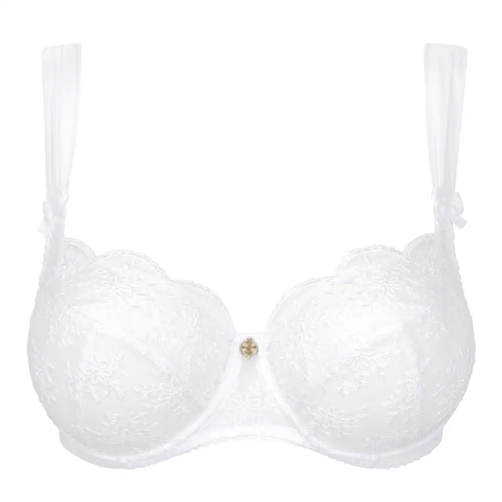 Women's Balconette Plunge Underwire Three-Part Cup Adjustable Straps Embroidery Mesh Sheer Detail Bra
