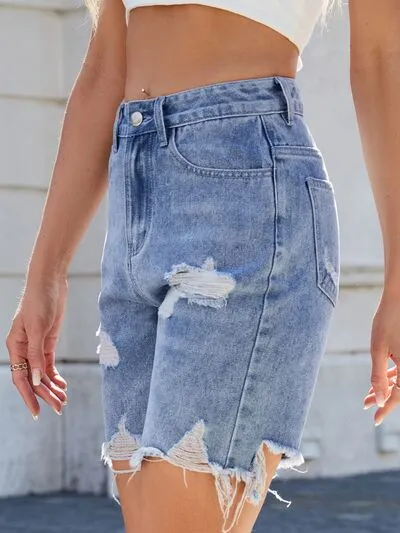 Distressed Raw Hem Shorts Detail Denim Pants