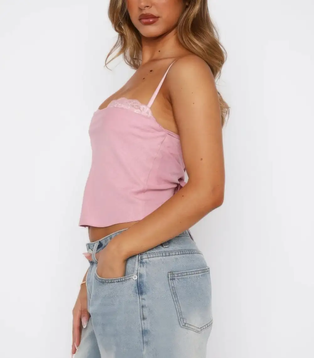 Solid Back Knot Lace Trim Sleeveless Shirt