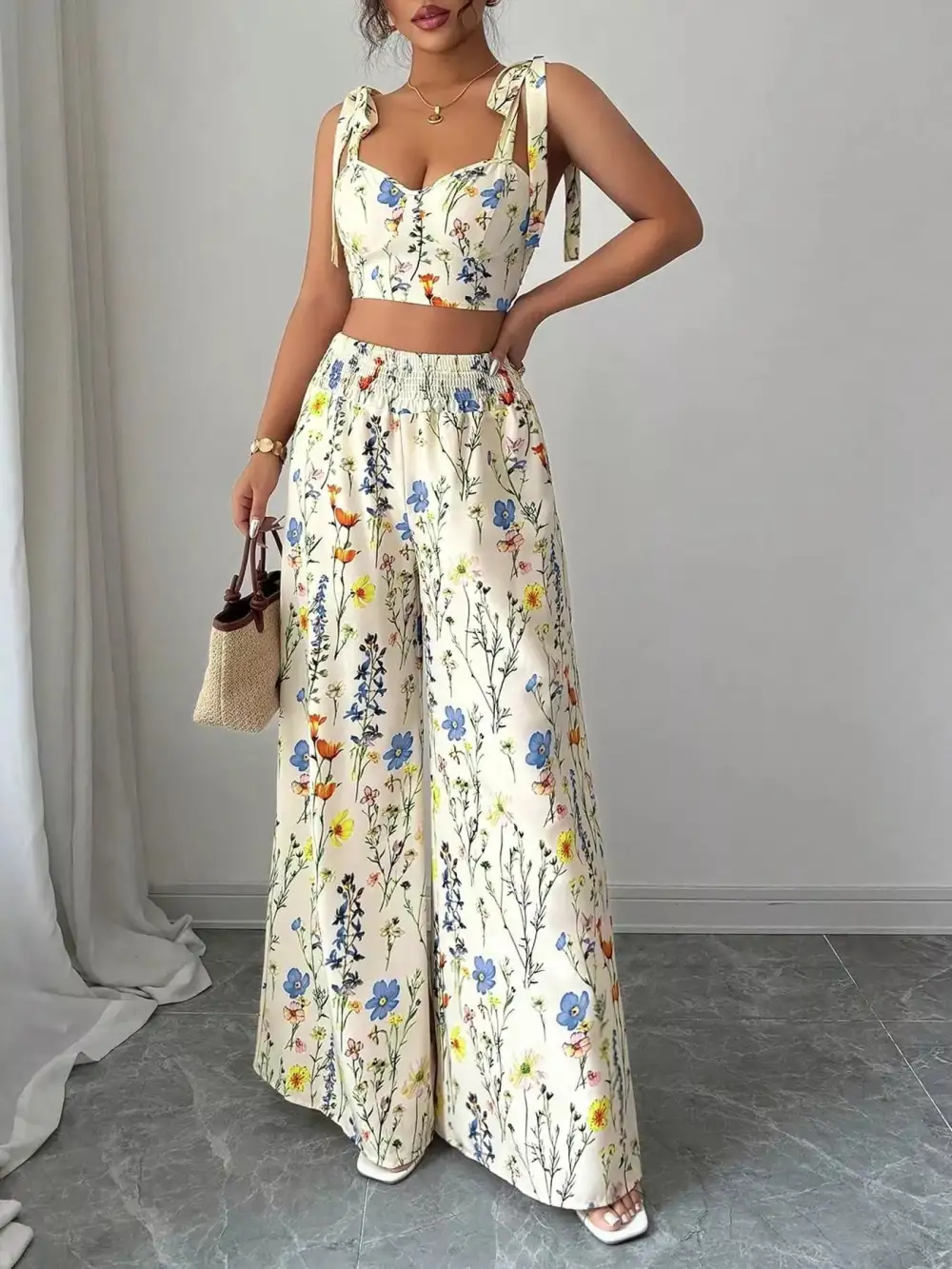 Floral Print Tie Shoulder Crop Top & Wide Leg