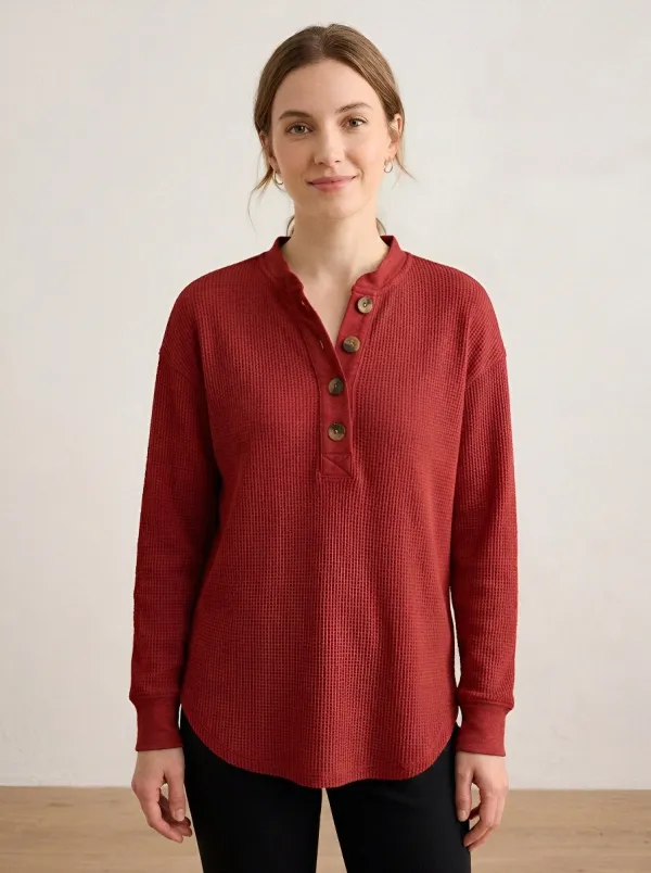 Women's Casual Minimalist Beige Waffle Knit Button Henley Shirt