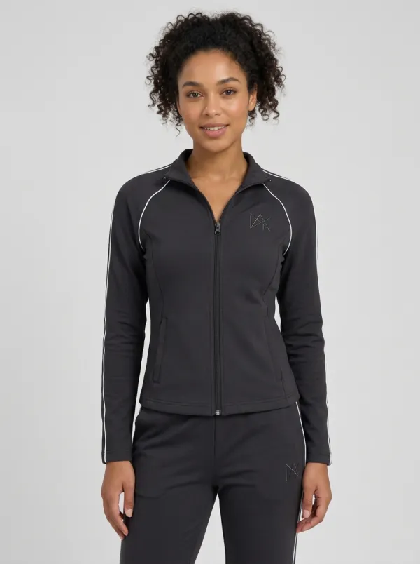 Women's Athletic Casual Grey Striped Zip-up Tracksuit Set