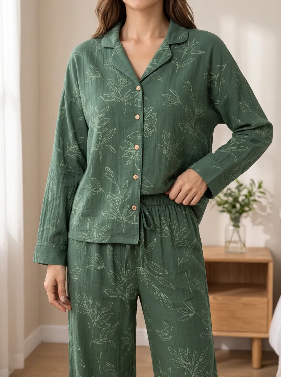 Women's Relaxed Botanical Leaf Notched Collar Button Front Long Sleeve Pajama Top