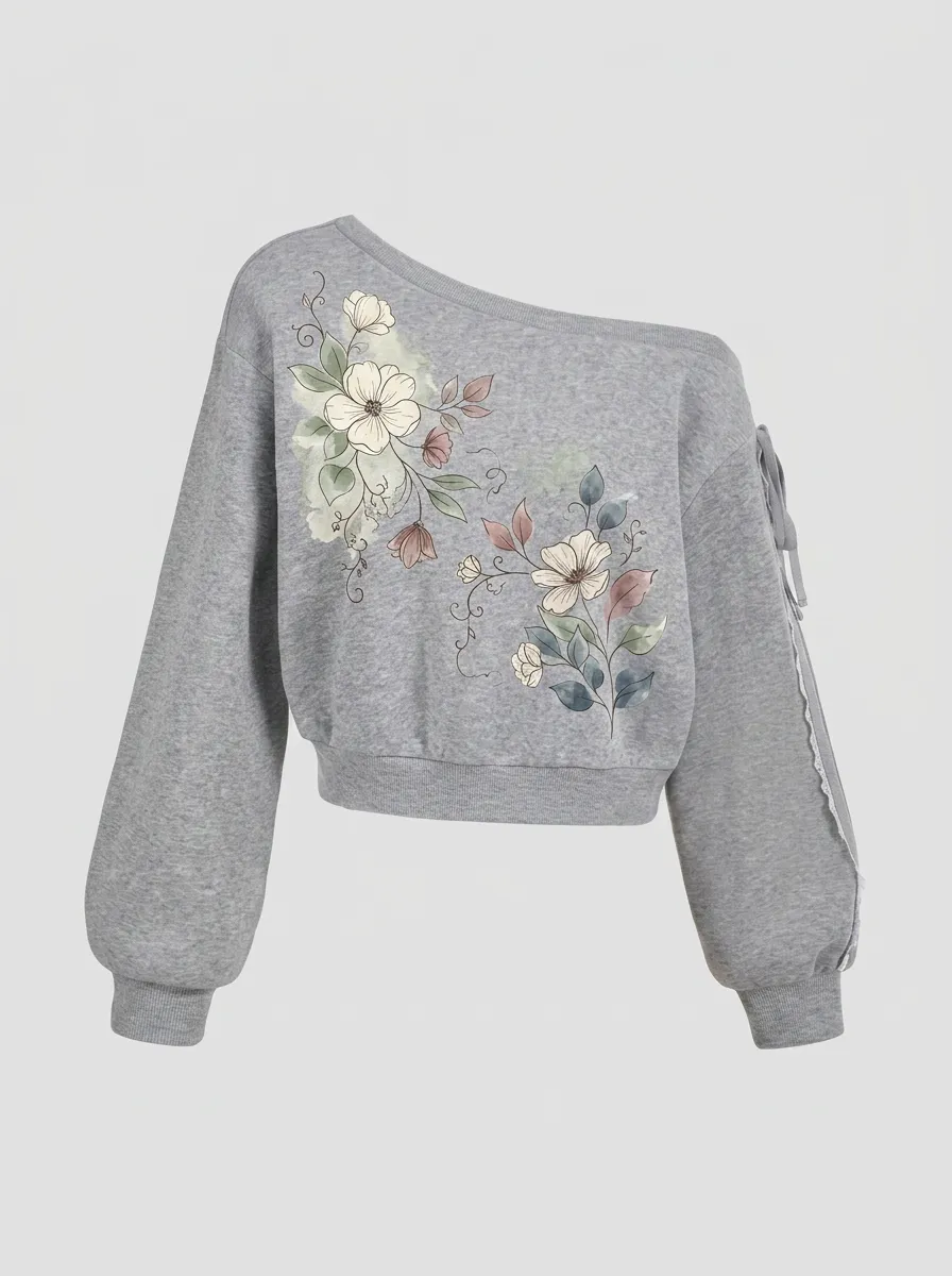 Women's Floral Botanical Watercolor Printed Off-shoulder Sweatshirt