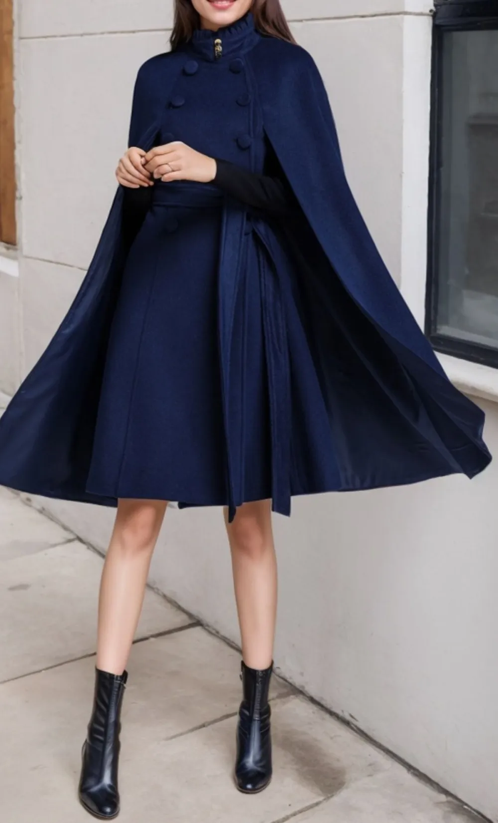 Wool Blend Cape Double Breasted Stand Collar Ruffle Trim Coat