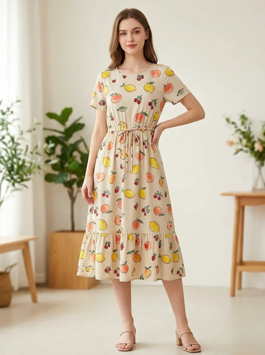 Women's Flowing Lemon Peach Berry Print Dress