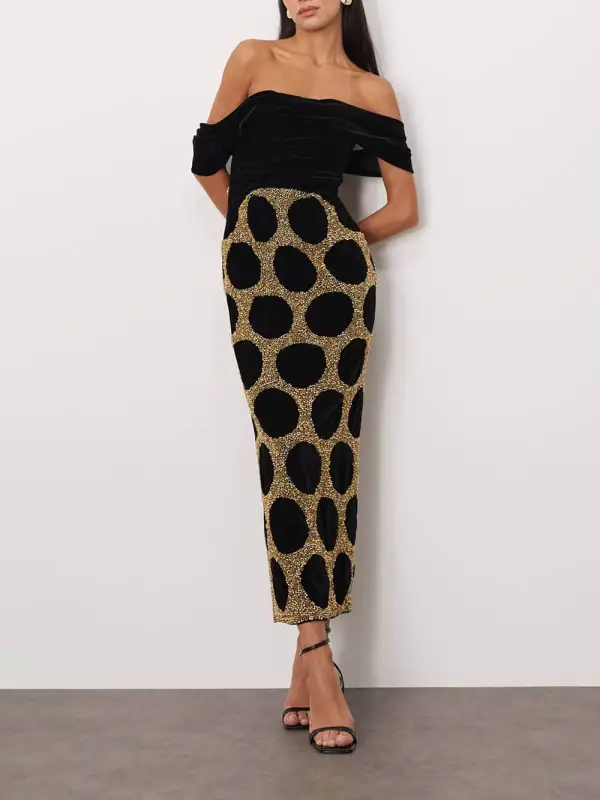 Elegant Draped Off Shoulder Polka Dot Midi Dress
