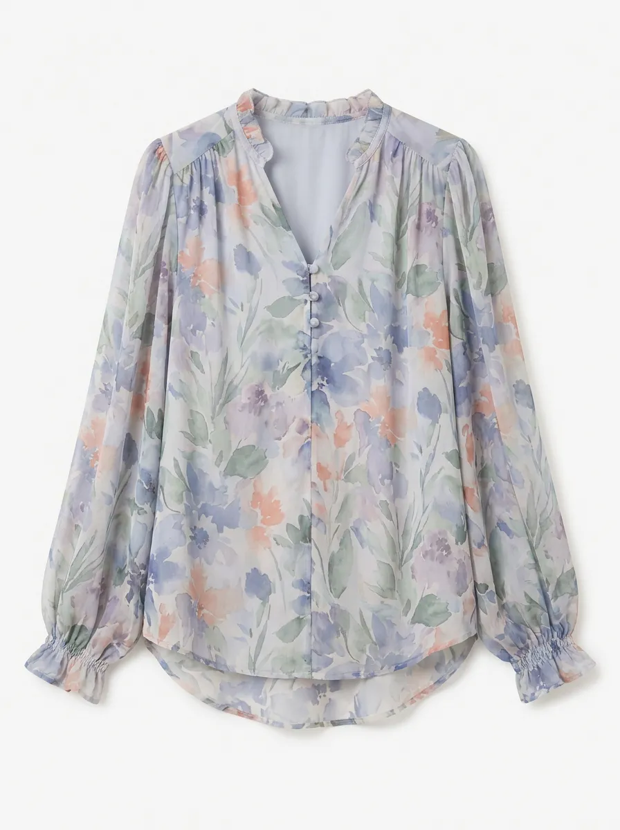 Women's Floral Watercolor Print Ruffle Trim Buttoned Blouse