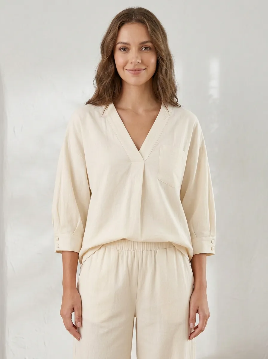 Pocket Short-Sleeve Three-Quarter-Sleeve Women's V-Neck Casual Lounge Set