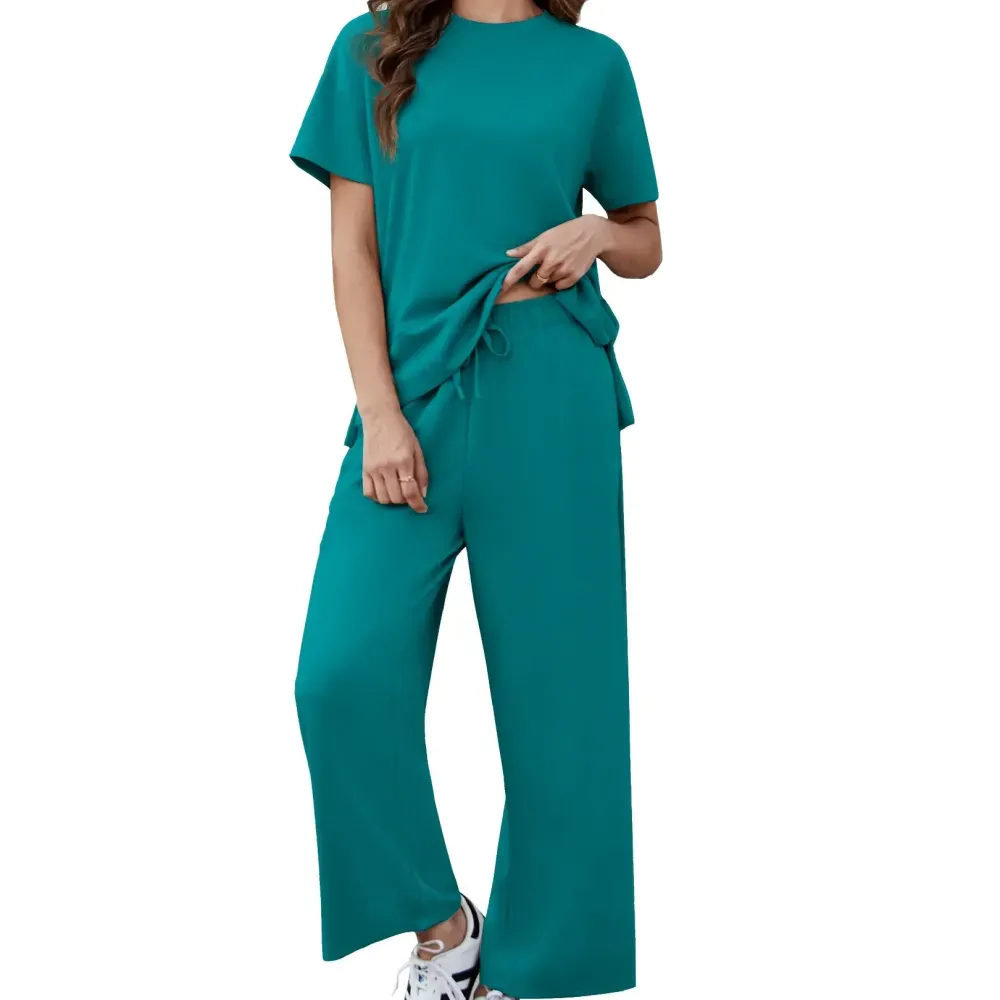 PINSPARK Women Summer Lounge Set with Short Sleeve Top & Wide Leg Pants