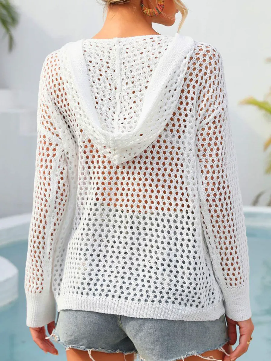 Flower Graphic Lace-up Openwork Hooded Cover Up