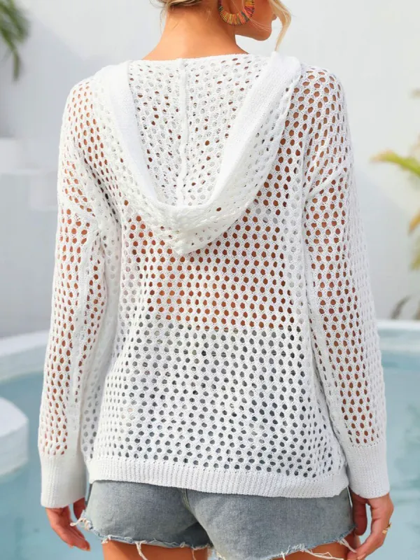 Flower Graphic Lace-up Openwork Hooded Cover Up