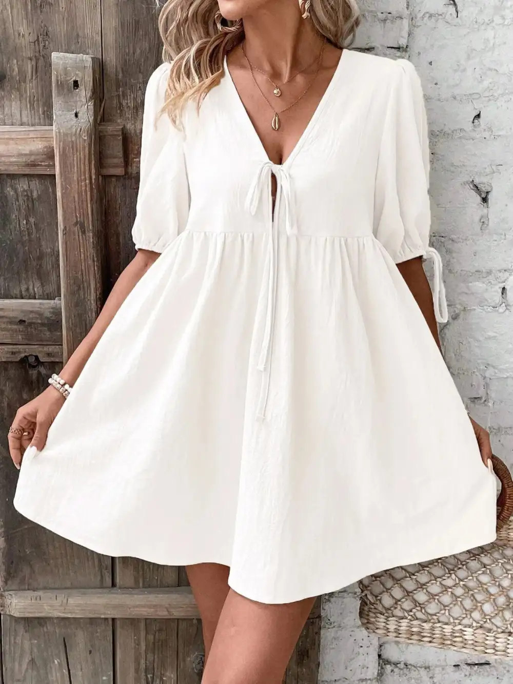 V Neck A Line Mini Dress