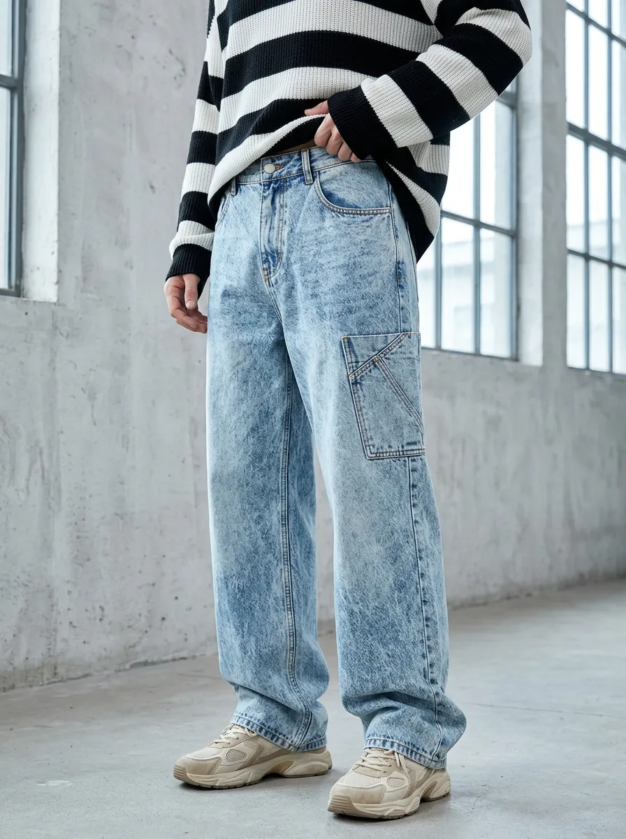 Men's Streetwear Acid Wash Cargo Printed Jeans