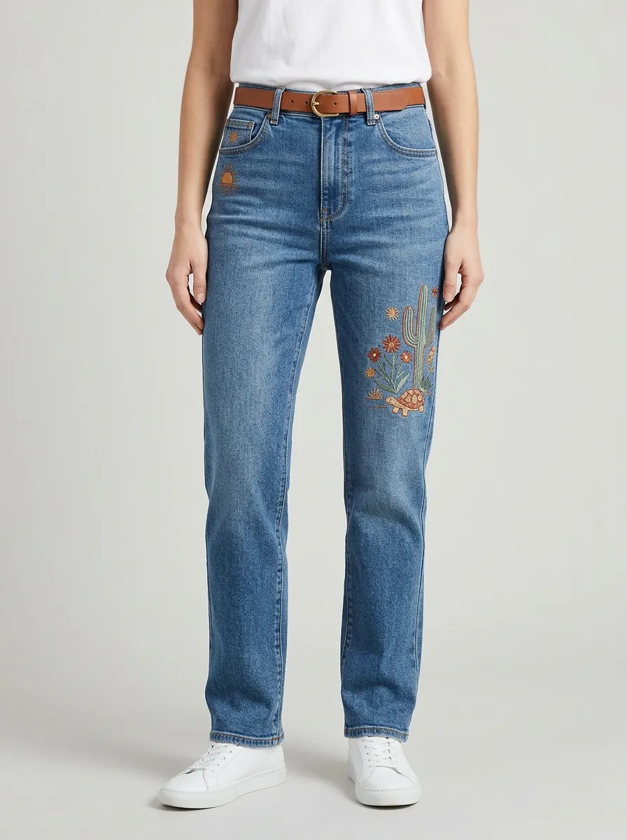 Women's Desert Nature Lover Cactus Turtle Embroidered Straight Jeans