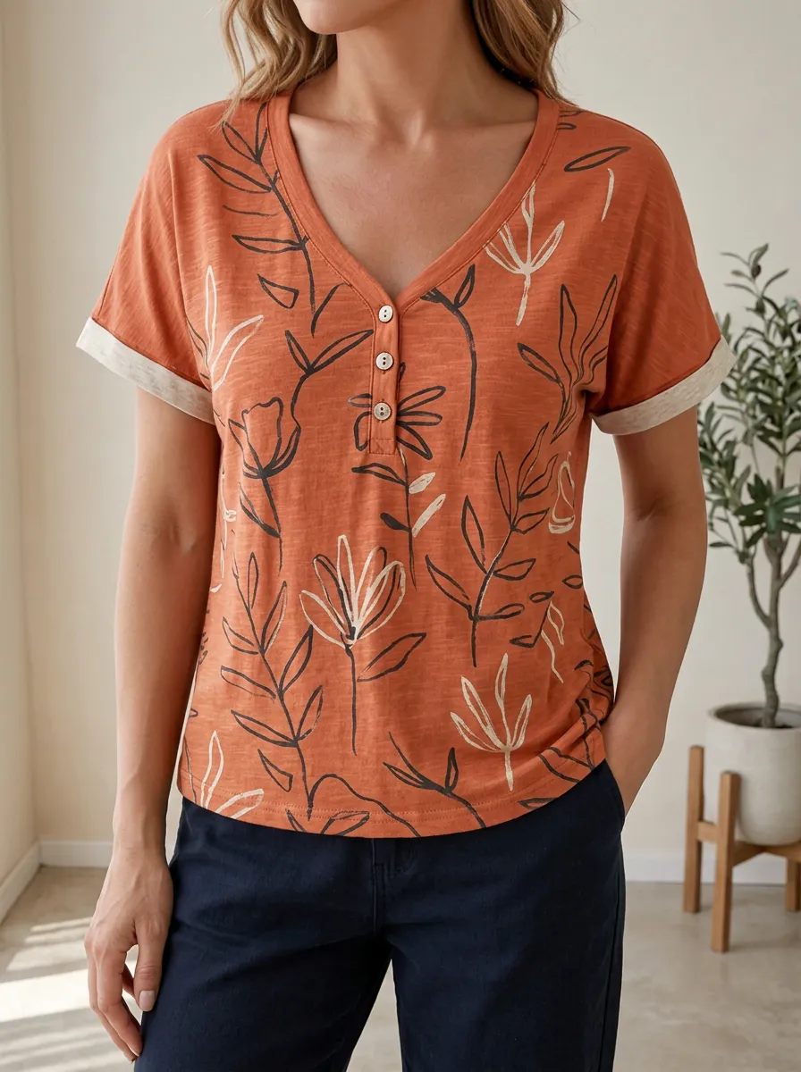 Women's Botanical Floral Art Printed Henley Shirt