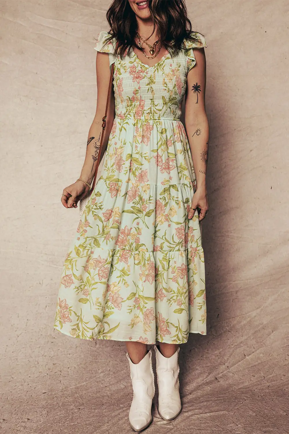 Smocked Bodice Ruffled Sleeveless Tiered Floral Maxi Dress
