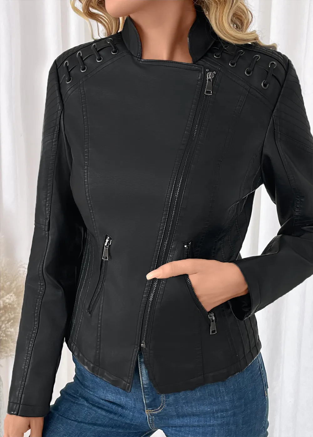 Black Pocket Long Sleeve Lapel Coat
