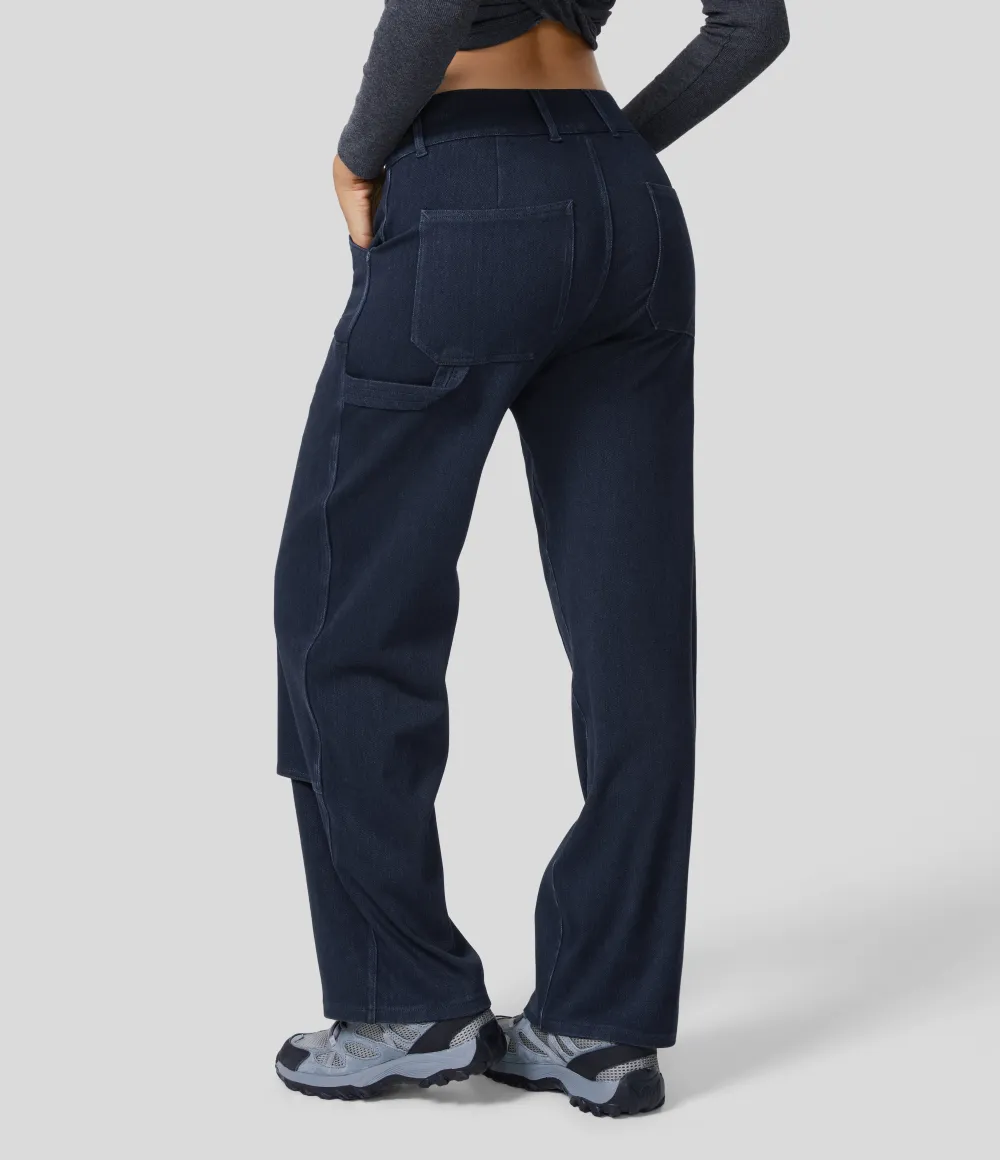 Magic Mid Rise Utility Pockets Straight Leg Stretchy Knit Lumberjack Style Casual Boyfriend Jeans