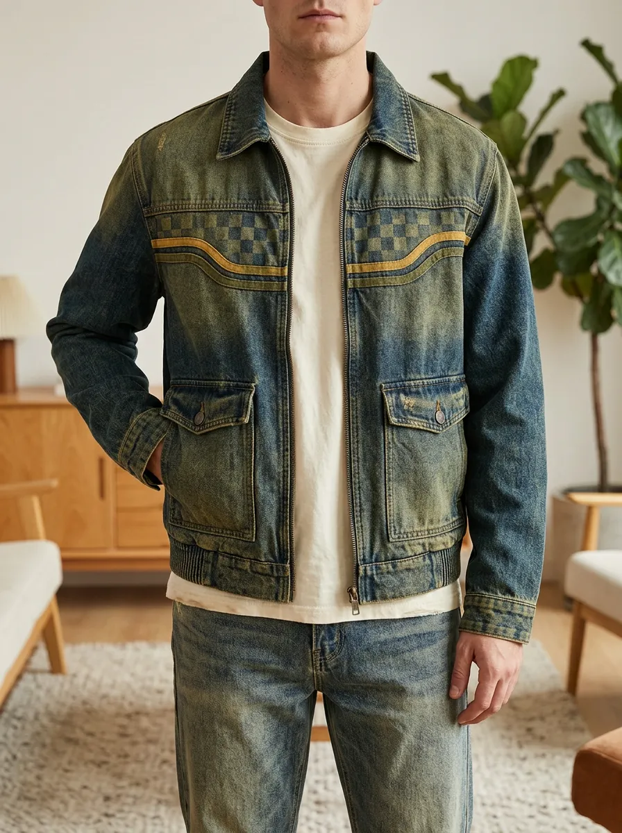 Men's Vintage Checkered Pattern Washed Denim Printed Jacket