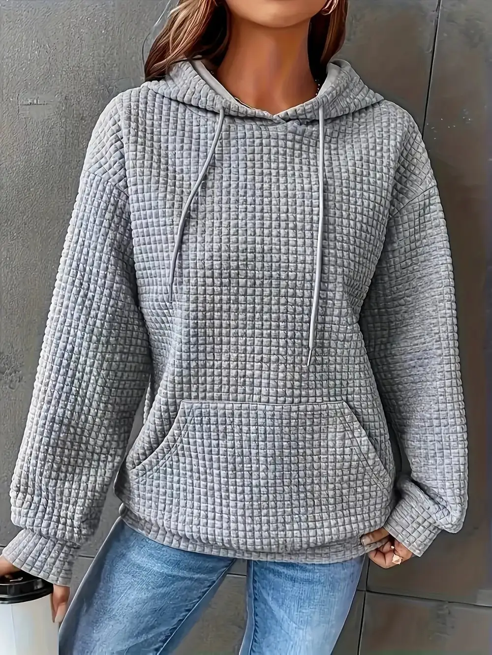 Drawstring Pocketed Textured Knit Hoodie
