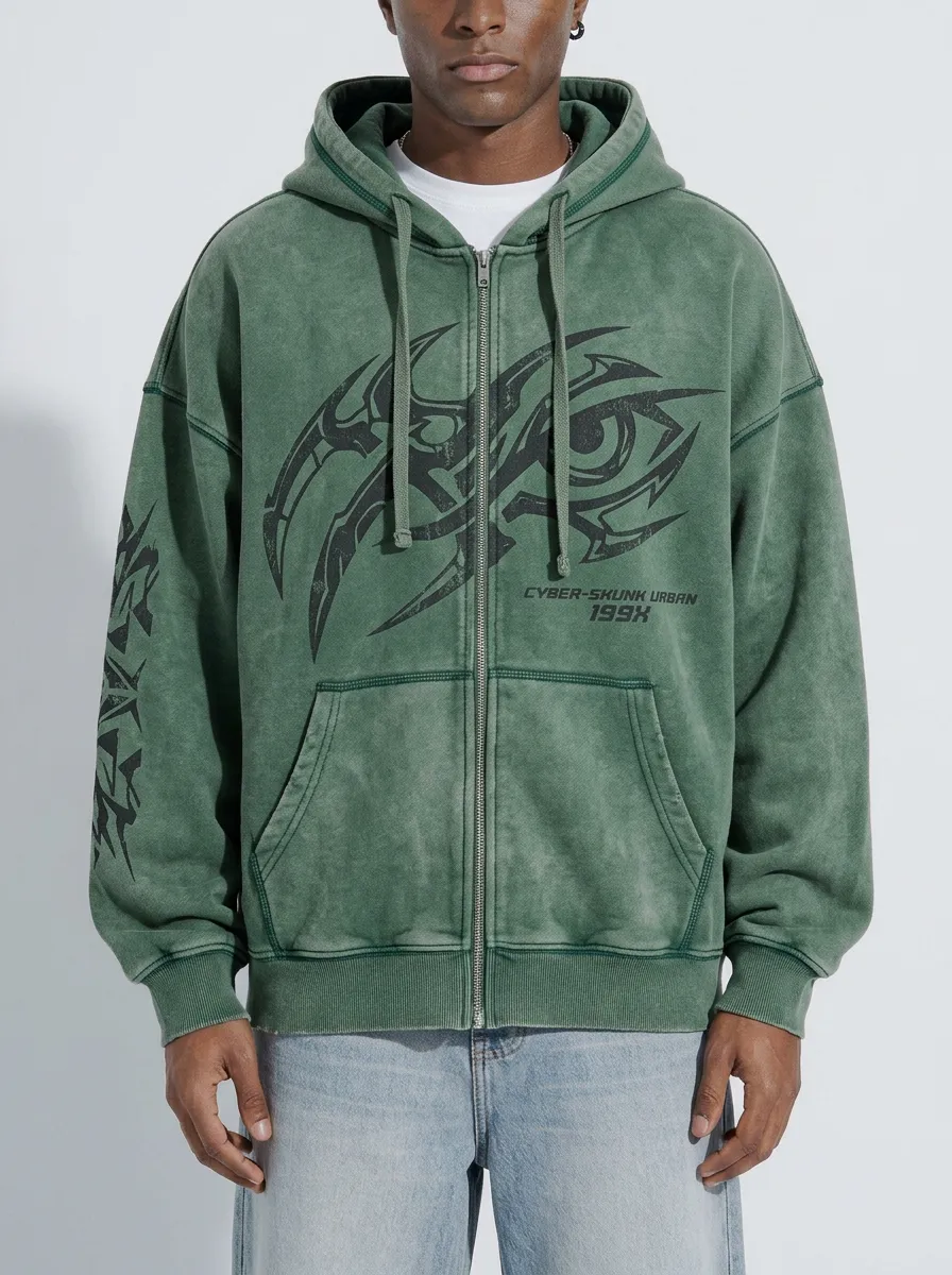 Men's Streetwear Cyber Tribal Eye Graphic Printed Zip-up Hoodie