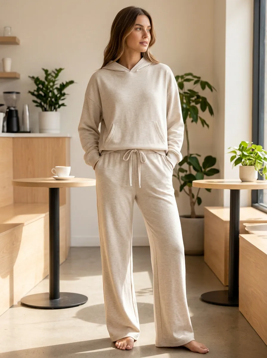 Women's Beige Heathered Hooded Lounge Set