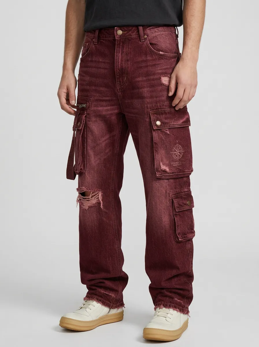 Men's Streetwear Compass Graphic Distressed Printed Cargo Jeans