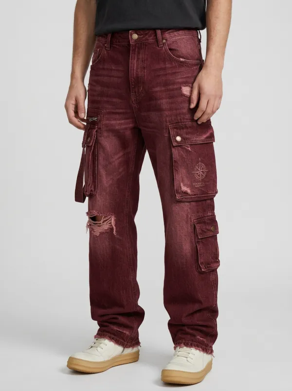 Men's Streetwear Compass Graphic Distressed Printed Cargo Jeans