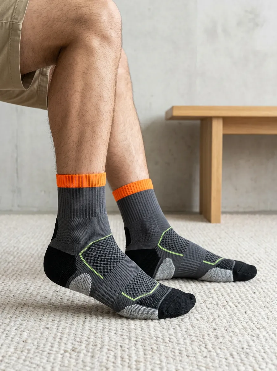 Men's Athletic Sports Orange Cuff Grey Patterned Printed Socks