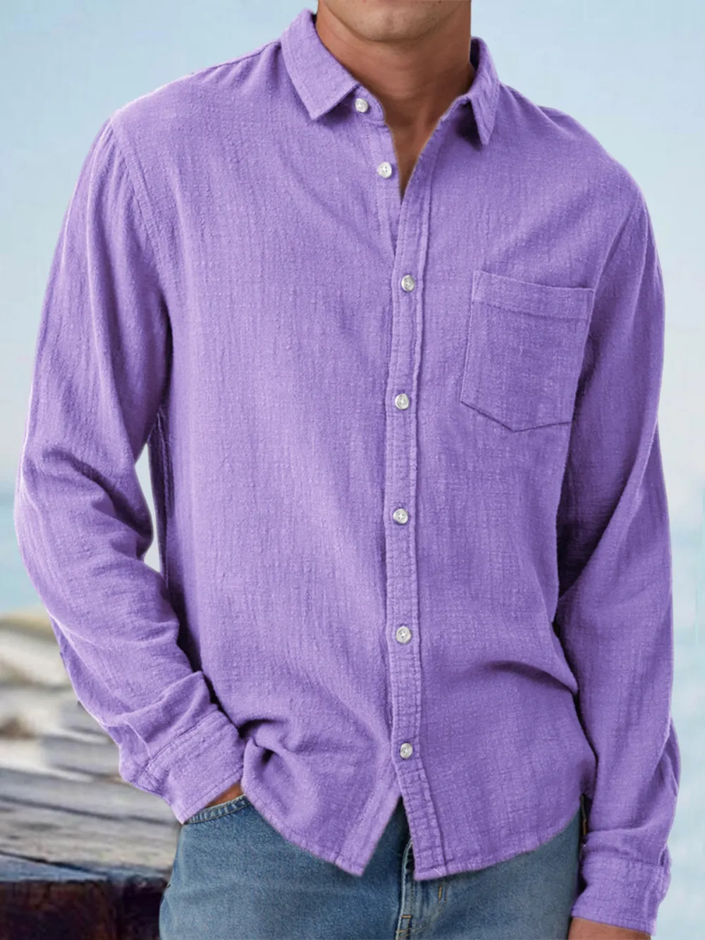 Everyday Long Sleeve Open Collar Pocket Shirt