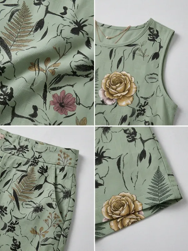 Women's Botanical Floral Sage Green Printed Sleeveless Shorts Set