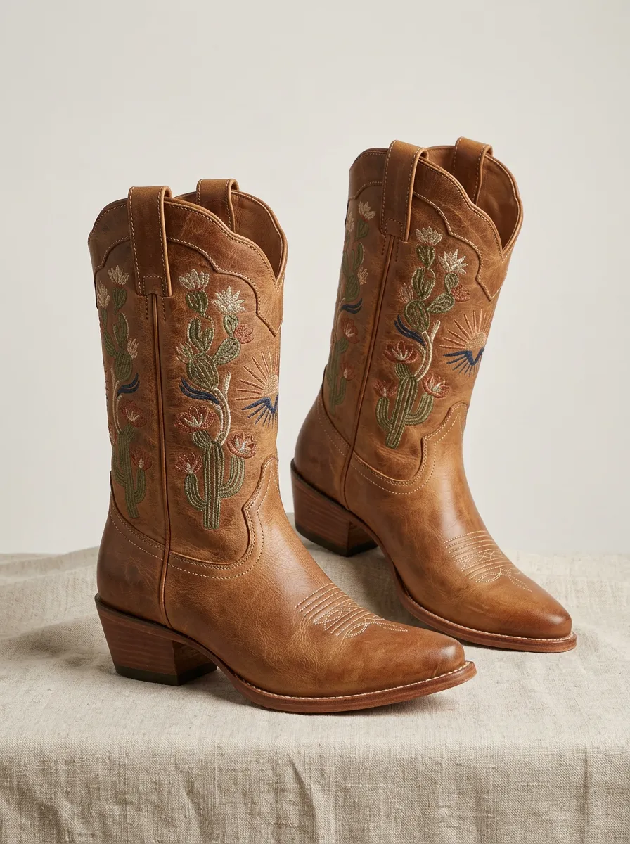 Frontier Cactus Floral Embroidered Profile Unisex Western Cowboy Boots