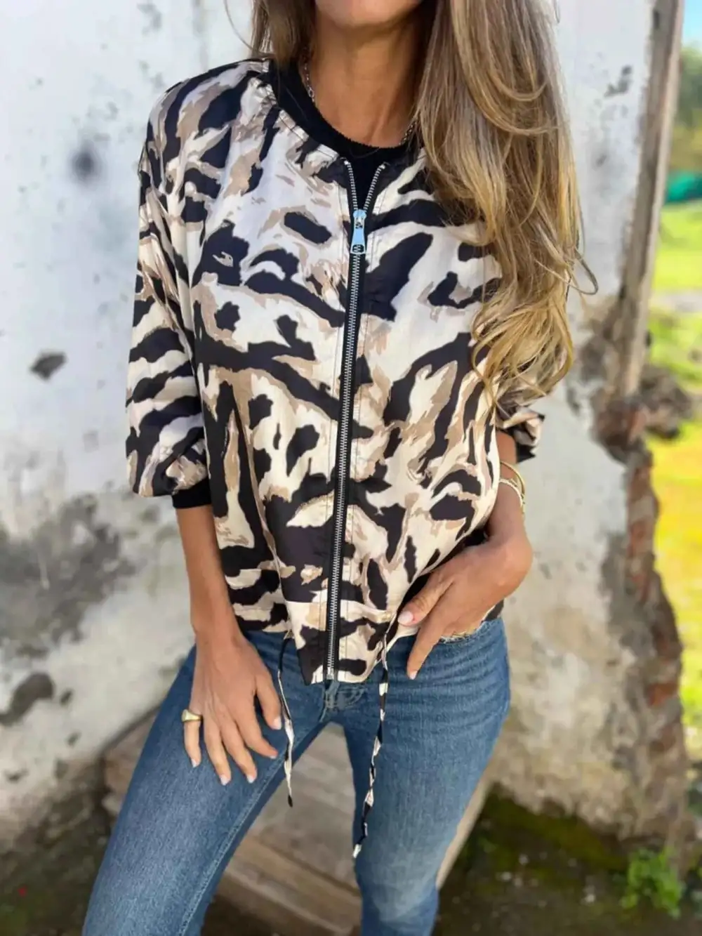 Plus Size Zip-Up Zebra Printed Bomber Jacket