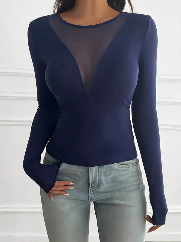 Long Sleeve Slim Fit Sheer Deep V-Neck Everyday T-Shirt