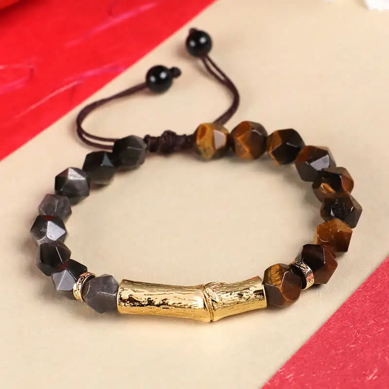 Tiger Eye Obsidian Bamboo Growth Faceted Bracelet