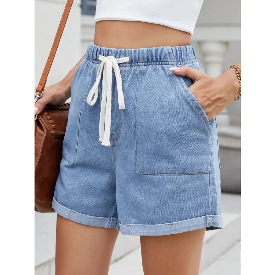 Casual Drawstring Pocketed Denim Shorts