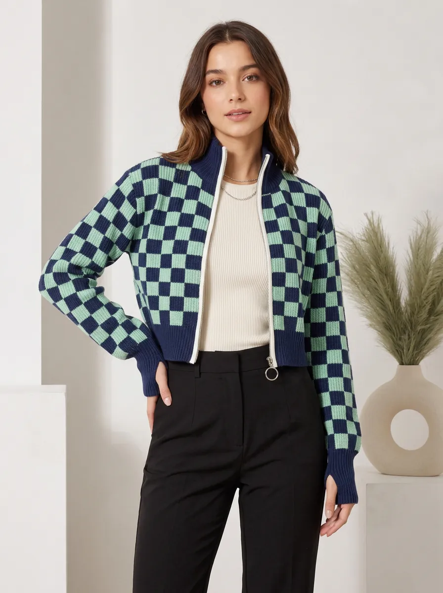 Women's and Mint Checkered Zip-Up Knit Jacket
