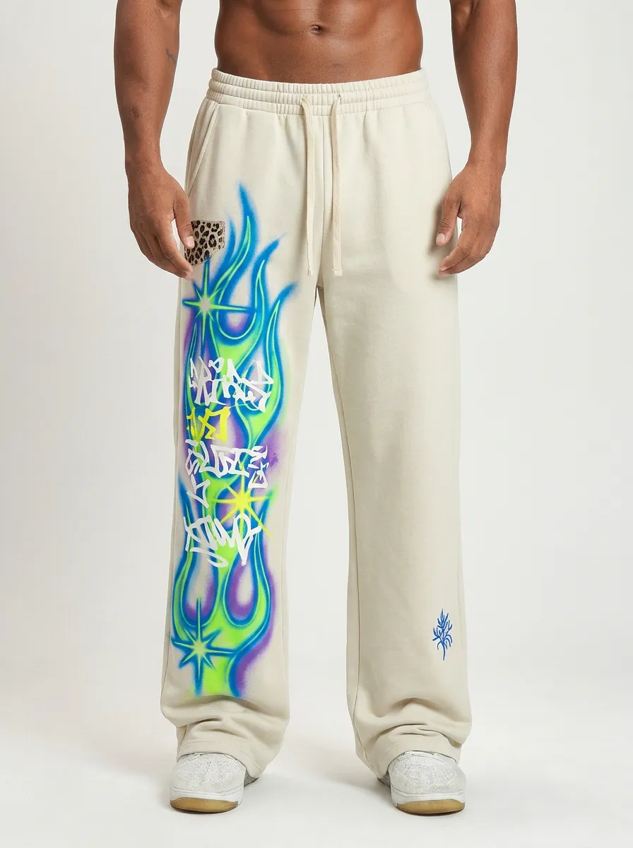 Men's Streetwear Graffiti Flame Leopard Patch Printed Sweatpants