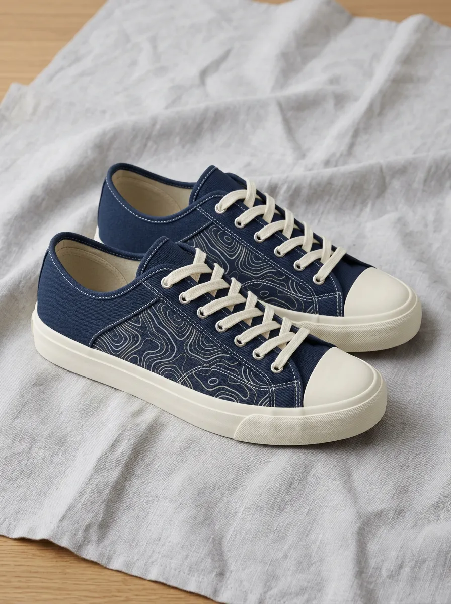 Men's Topographic Map Pattern Navy Printed Canvas Shoes