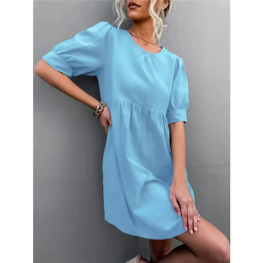 Round Neck Puff Sleeve Mini Dress